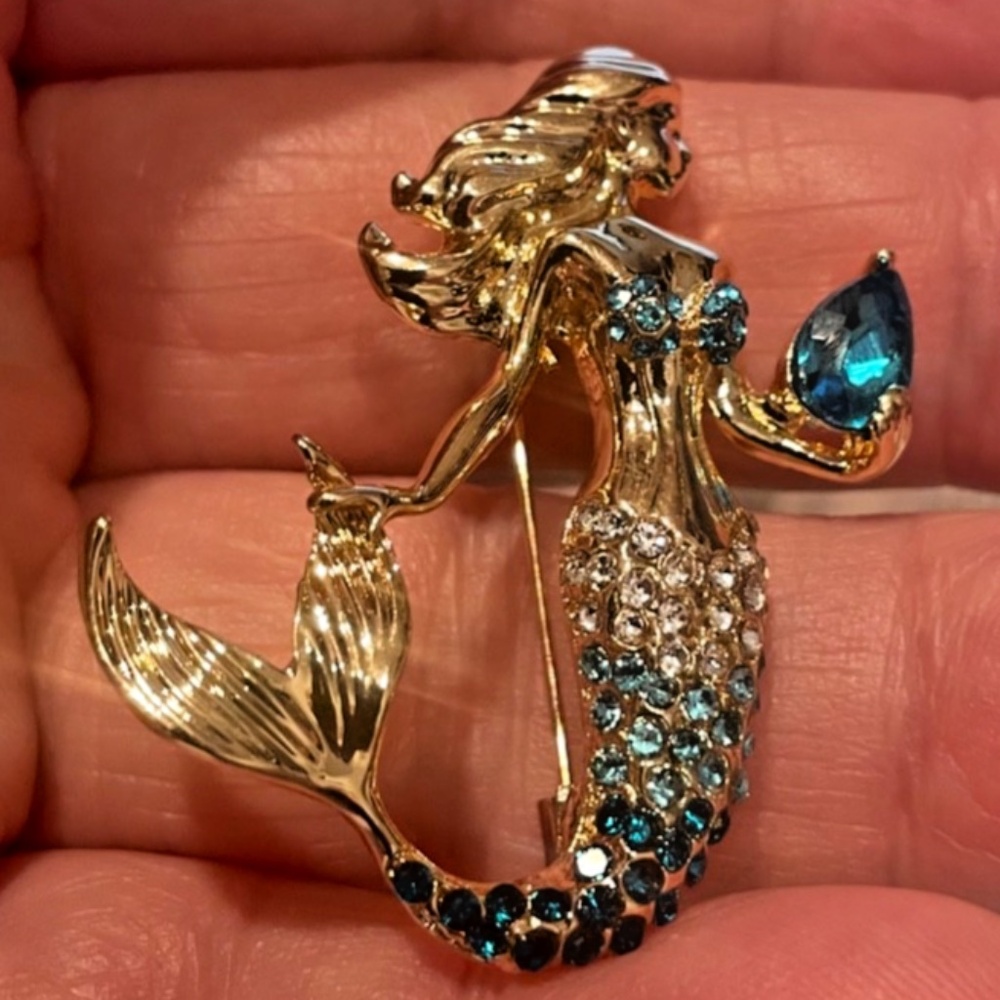 Gold-Tone Mermaid Brooch with Blue Gem – Rhinestone Tail & Top #206049668849